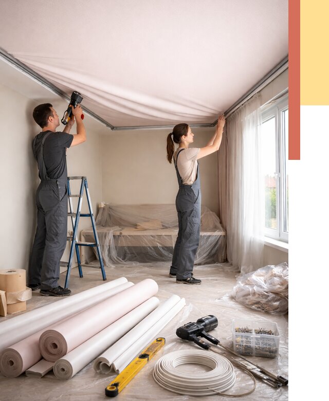 Монтаж цветного натяжного потолка в Санкт-Петербурге от 4464 руб/м² — быстро и недорого | ОТДЕЛОЧНИК-Снк