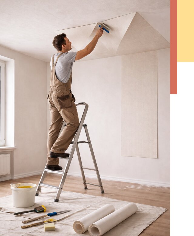 Поклейка обоев на потолок в Санкт-Петербурге от 4783 руб. быстро и недорого | ОТДЕЛОЧНИК-Снк